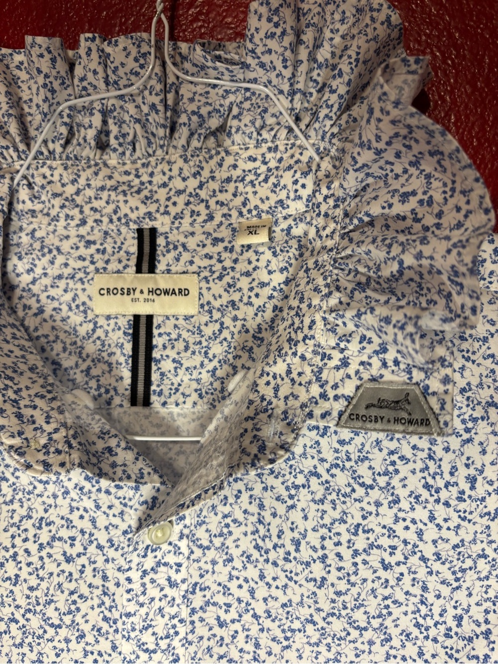 Upcycled/Reloved White shirt/Blue Floral Ruffle Collar